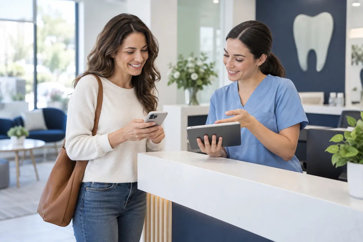 Patient using HFD financing at a dental office front desk